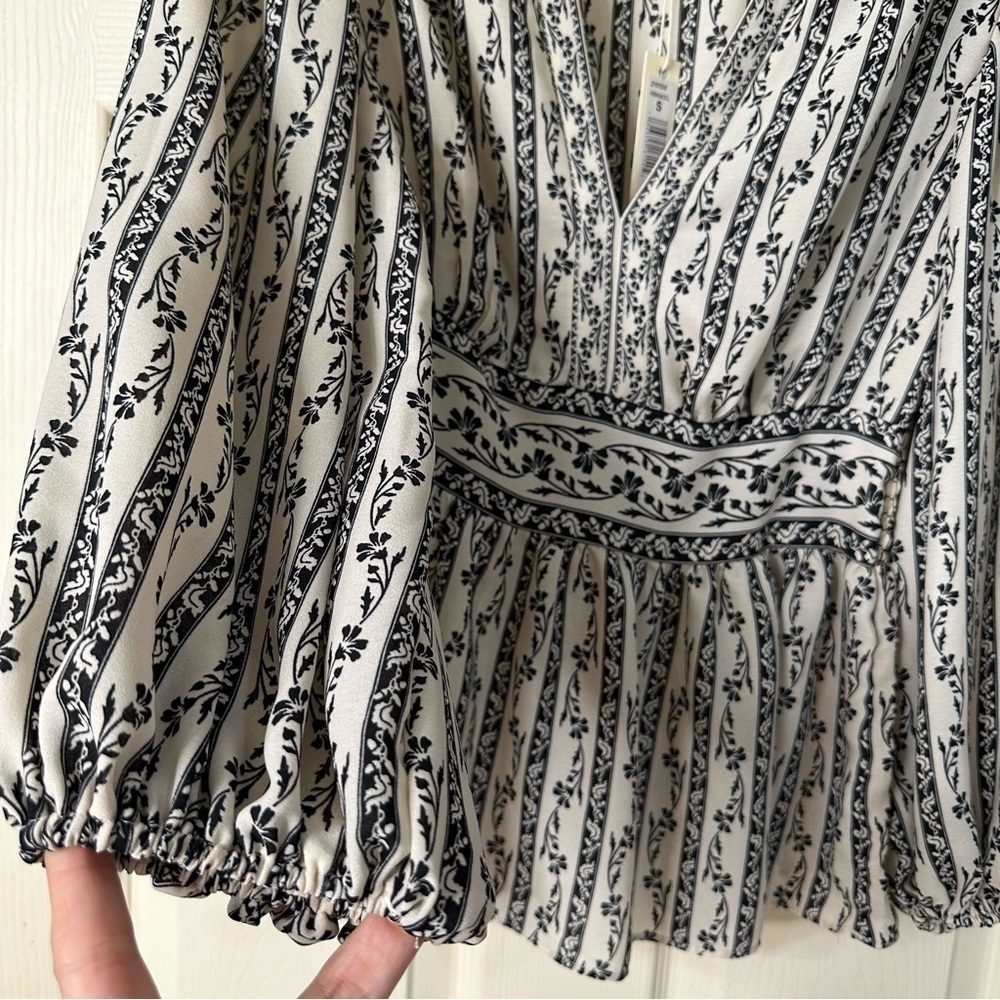 NWT Max Studio Boho Black Floral Peplum Puff Sleeve Blouse - Picture 8 of 11